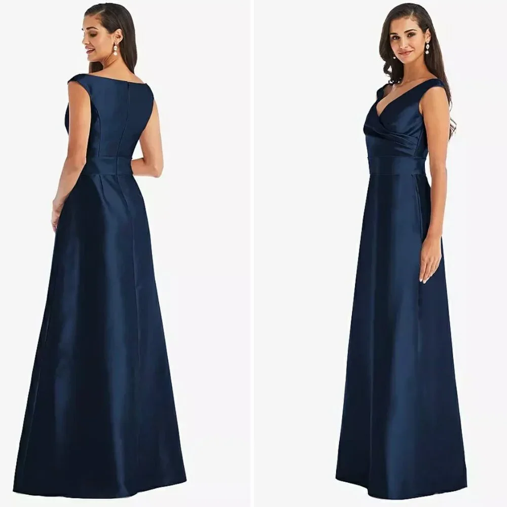 ALFRED SUNG Off-the-Shoulder Draped Satin Maxi Dress Pockets Size 4 NEW $240 - Picture 12 of 12